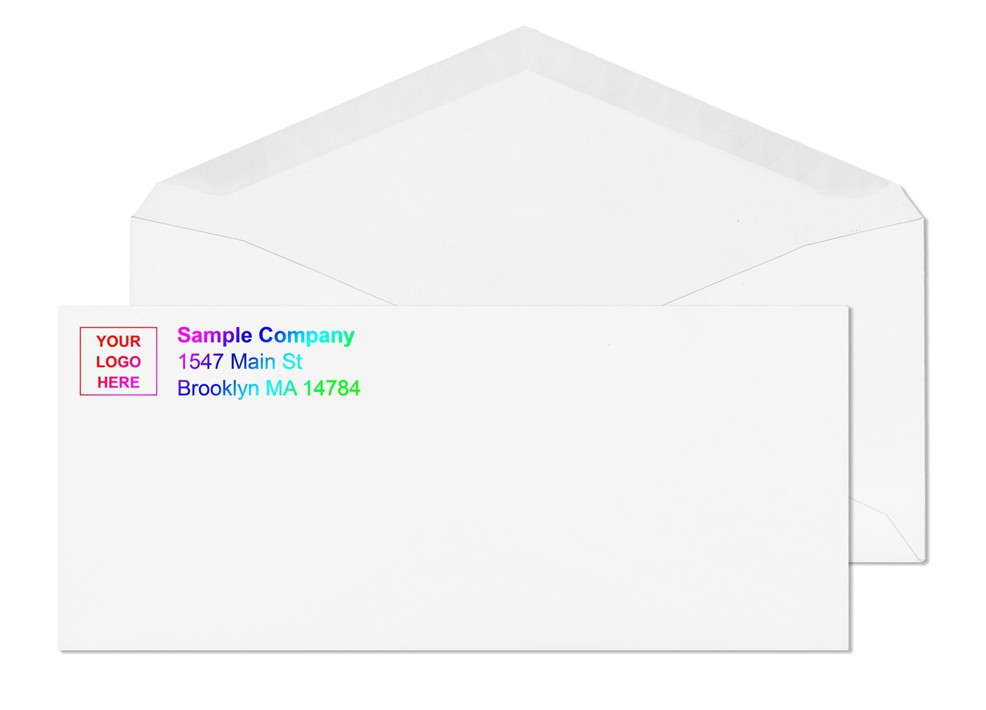 Custom printed business envelopes with company logo and return address ,  printing options available on legal size window envelope formats at Business Envelopes