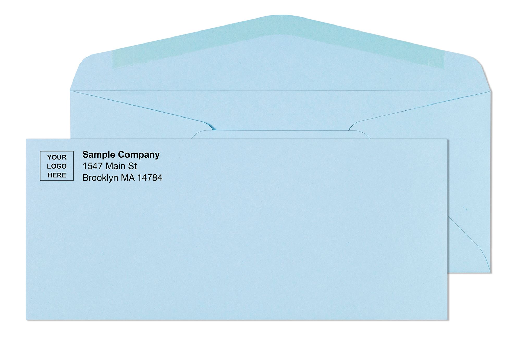 Personalized envelopes for small businesses showing #10 colored wove gummed flap format with custom logo and return address for direct mail marketing and outreach programs