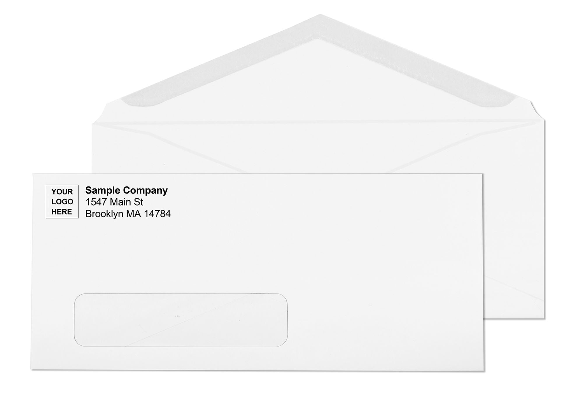 Laser printer window envelope #10 white gummed seal showing heat-resistant poly-film window for laser-safe office printing