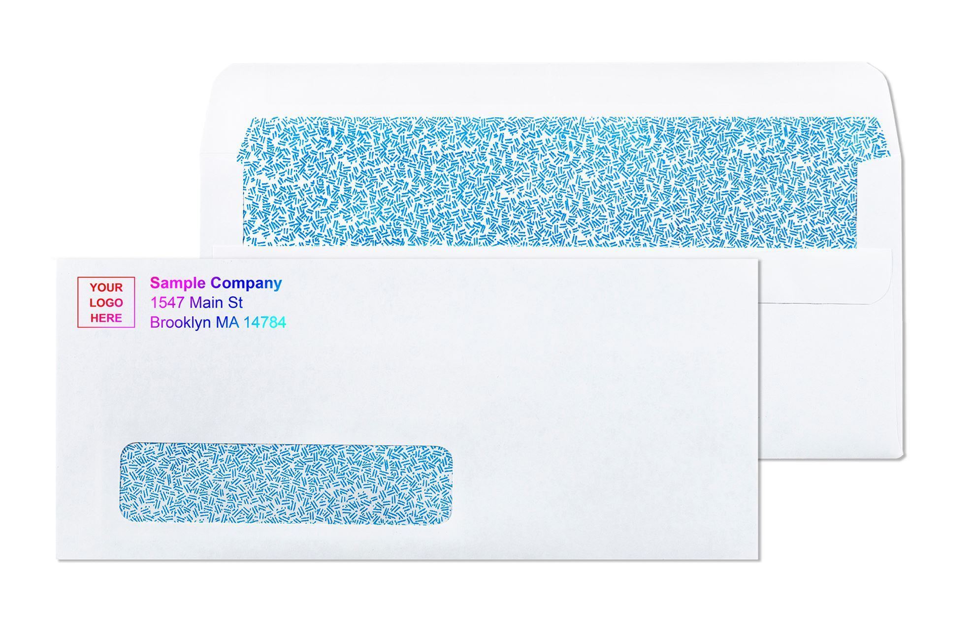 Number 10 window flip and stick self adhesive security tinted business envelope showing the address window format used for billing and invoice programs that pass through USPS automated postal sorting without issue