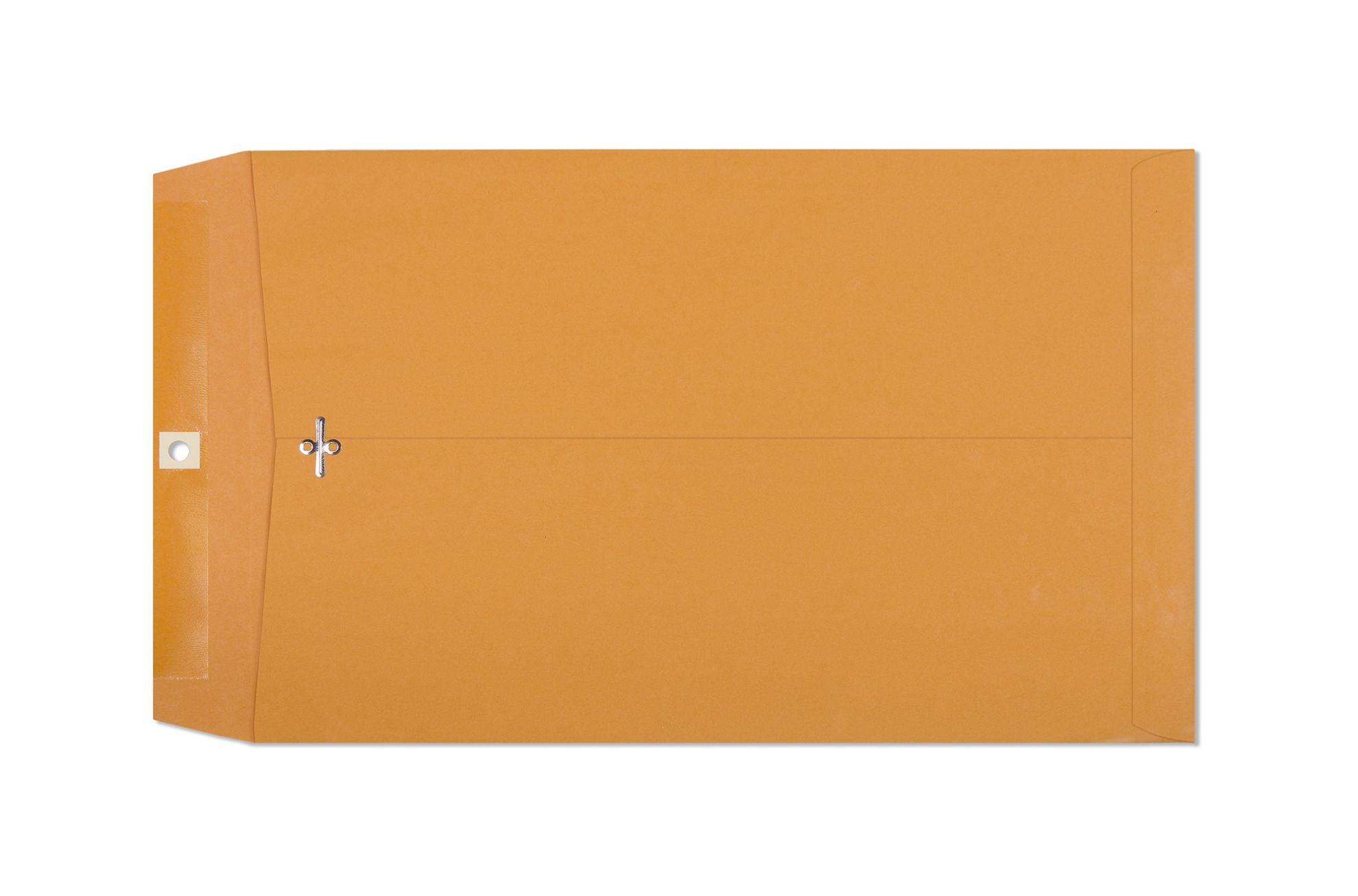 10x15 brown kraft clasp envelope open showing metal clasp and gummed flap construction
