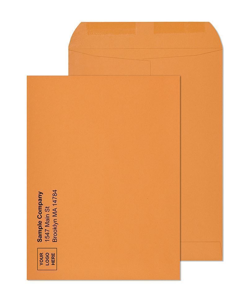 Catalog envelope showing 9x12 brown kraft open-end catalog envelope gummed flap custom printed for business document mailing contracts legal files and interoffice routing where the brown kraft material provides durability for heavy document stacks