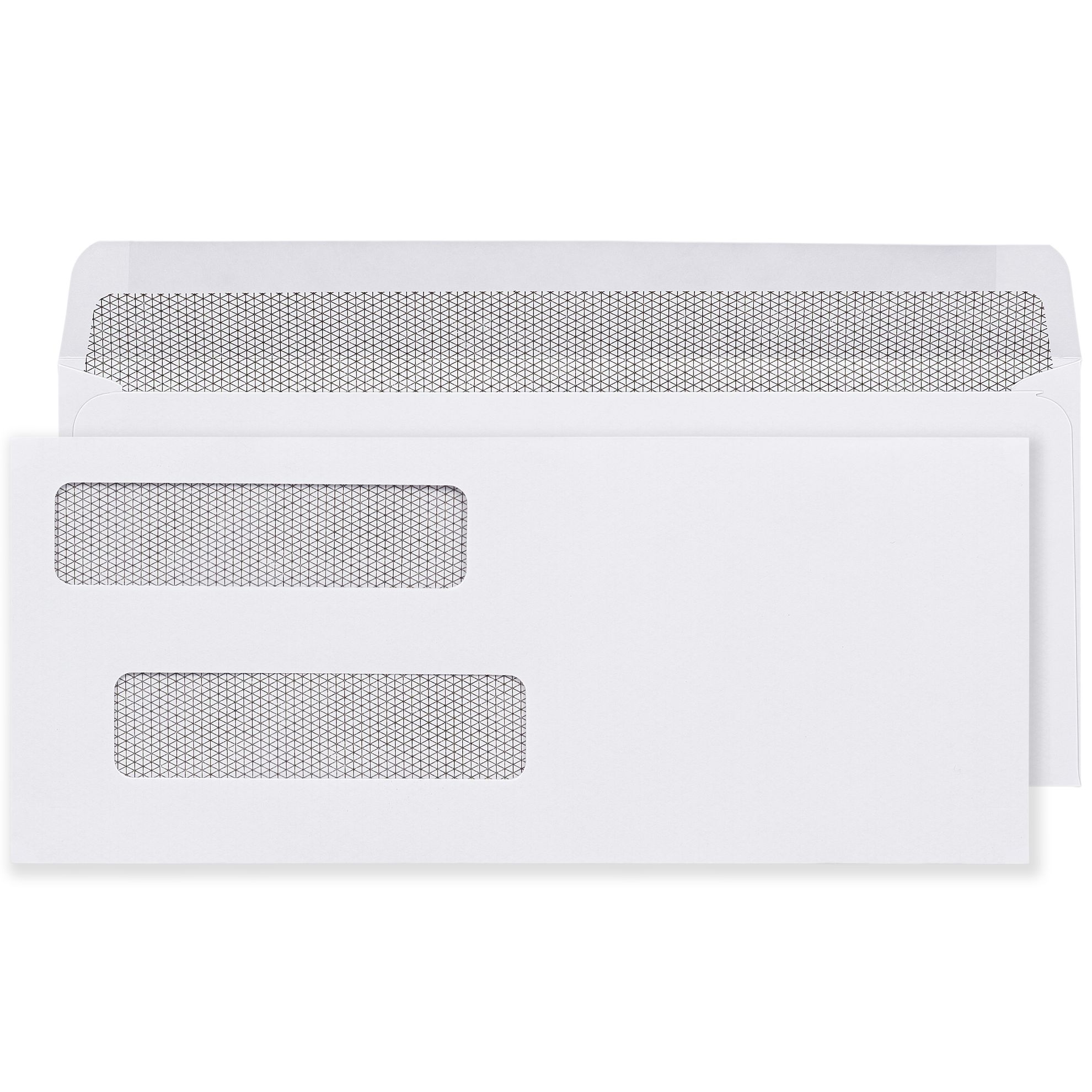 Business window envelopes showing double window security check envelope gummed flap with two transparent windows for displaying both return address and recipient address from a printed business check